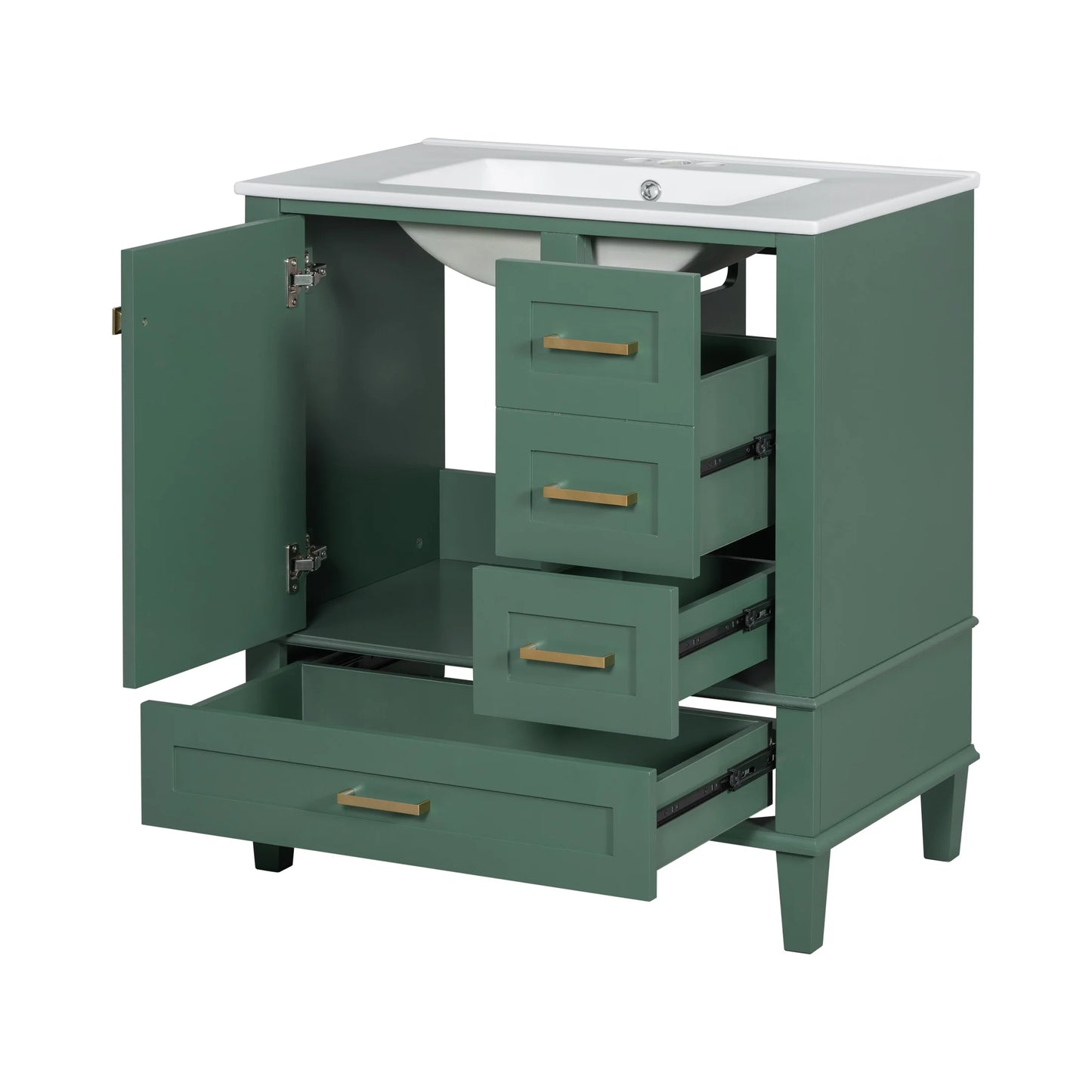 Nyveth Modern Bathroom Vanity with Ceramic Sink, Shelves, Drawers, Wood, Green