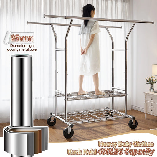 Clothes Rack with Wheels, Heavy-Duty Garment Rack for Hanging Clothes, Adjustable Freestanding Wardrobe Organizers and Storage with Double Sheves