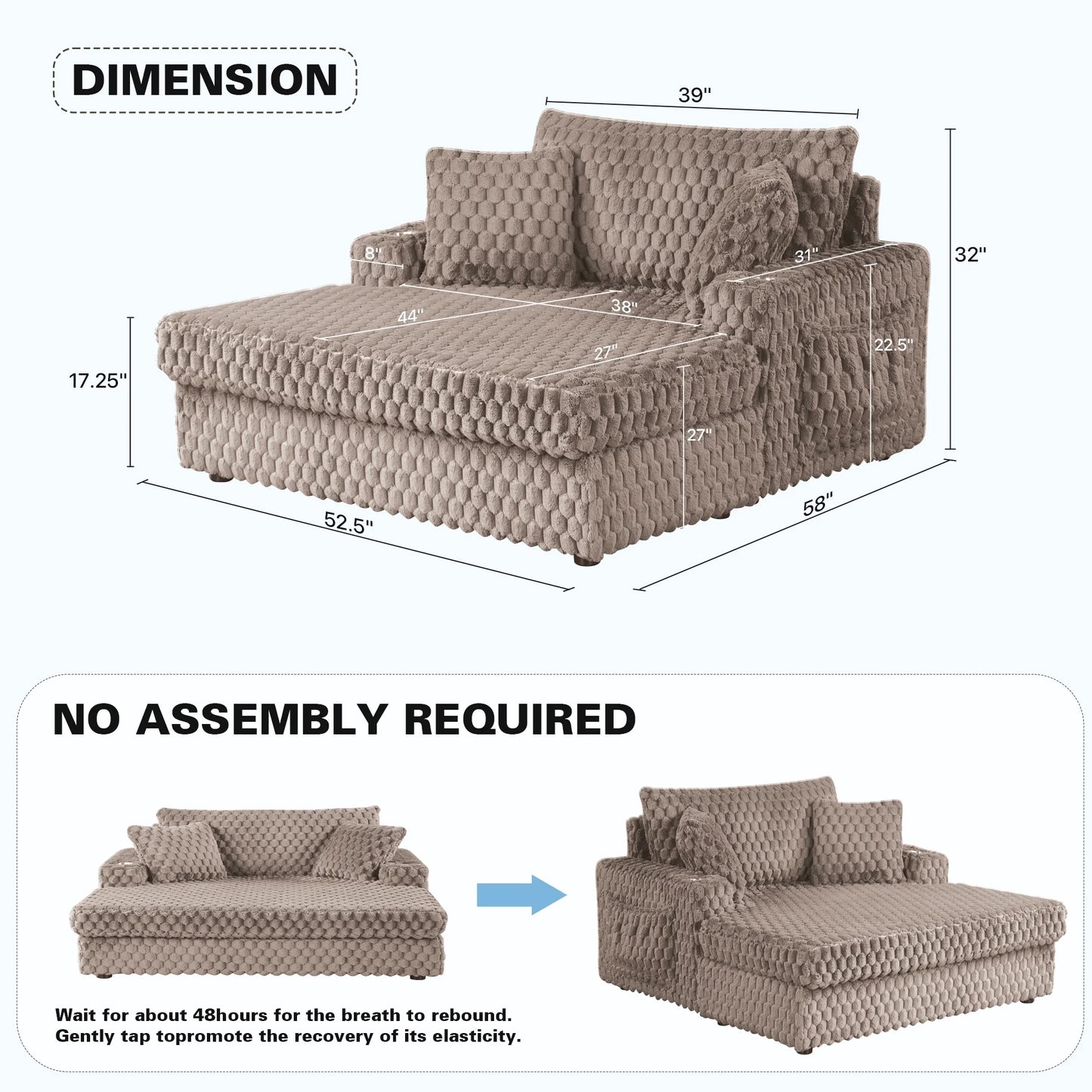 Aukfa Oversized Chaise Lounge Loveseat Couch with 2 Cup Holders& Throw Pillows, Fluffy Corduroy, Olive Green