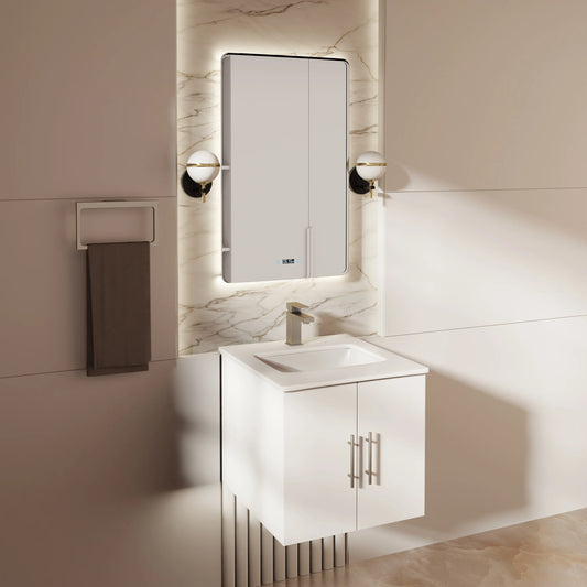 Geneva 24 in W x in D Glossy White Single Bath Vanity Cultured Marble Countertop, 18 in Mirror and Faucet Set