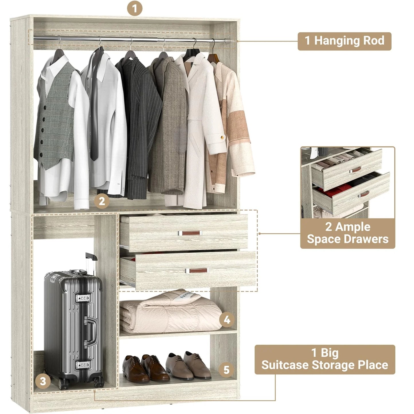 Homieasy Freestanding Closet System with Suitcase Storage, 40 Inches Stand-alone Wardrobe with 2 Wood Drawers, 80'' Height Adjustable Cloth Garment Rack, Walk-in Closet with Hanging Rod, White