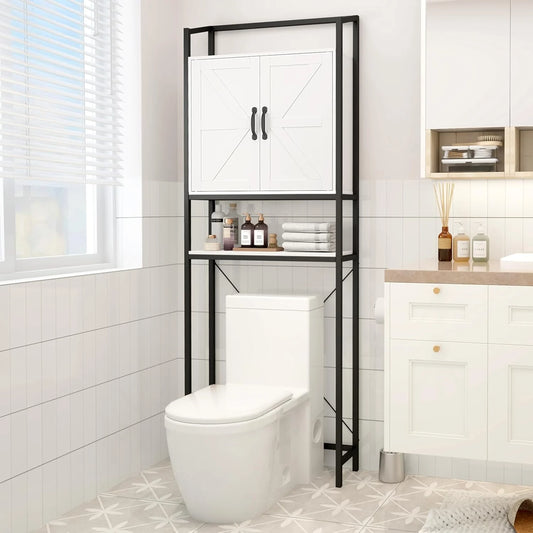 HAUXITIO Over The Toilet Storage Cabinet, Bathroom Space Saving Toilet Shelf with 2 Doors and 3 Adjustable Shelf, White