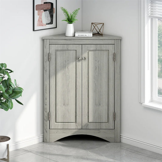 Home Floor Corner Cabinet with Adjustable Shelves and Two Doors, Triangle Bathroom Storage Cabinet, Modern Style Freestanding Floor Cabinet for Kitchen, Living Room and Hall, Oak