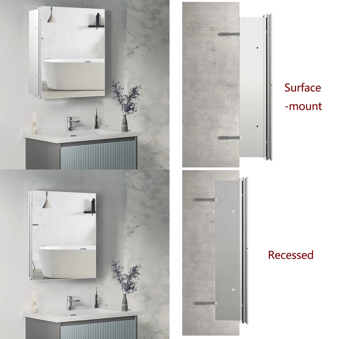 FUMANGO Aluminum Bathroom Medicine Cabinet, 24" x 24", firm and durable, waterproof and rust-proof, recessed or surface mounted,,Assembly required