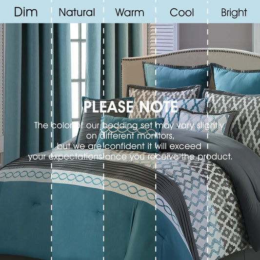 Lanco Geometirc Queen Blue Comforter Set, 12 Piece, Jacquard Bedding Comforters & Sets, Bedskirt, Pillows, Euro Shams & Curtains, Ultra-Soft