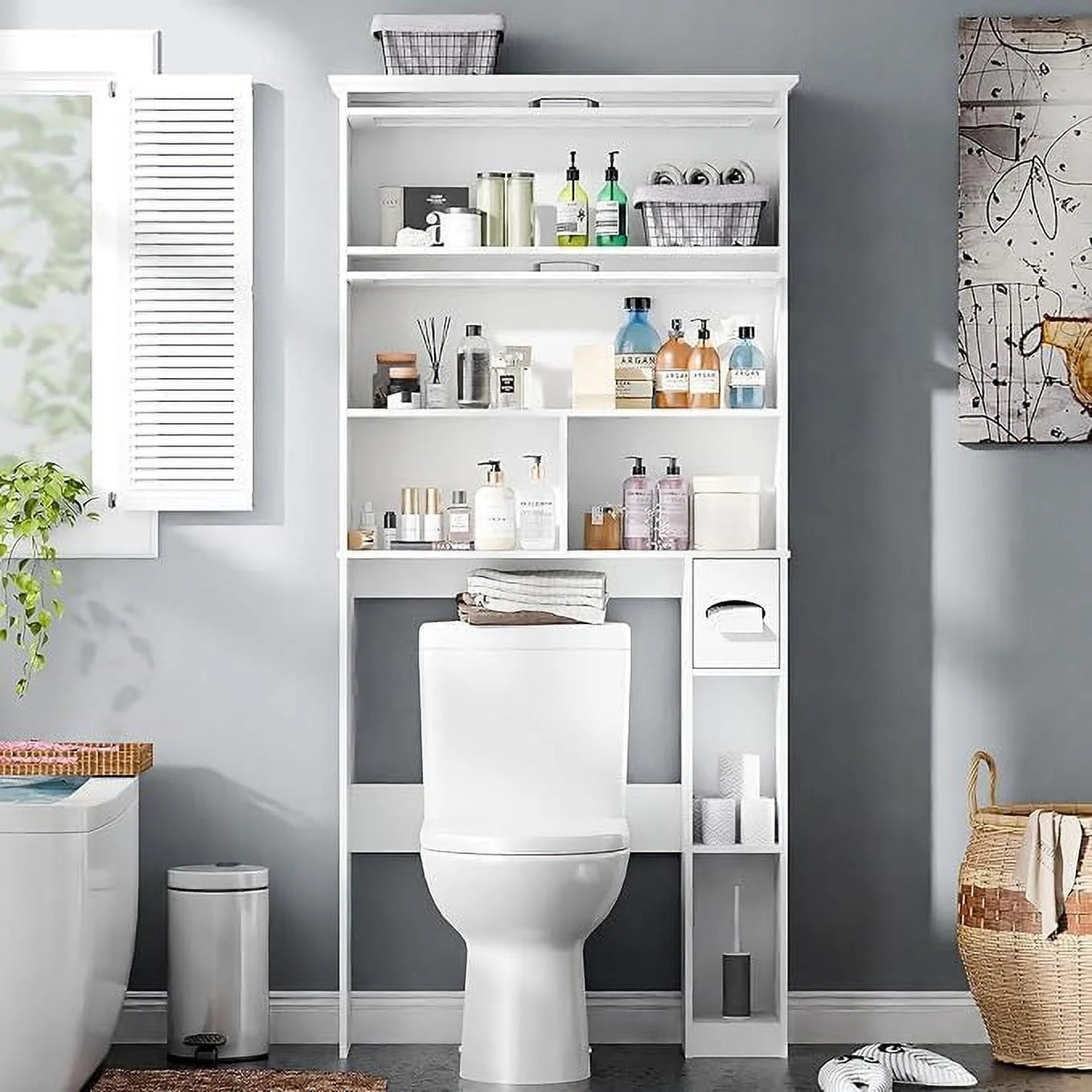 Over The Toilet Storage Cabinet with Transparent Door, Toilet Paper Storage Cabinet with Multi Layer Shelves Suitable for Bathroom, Laundry Room, Freestanding Bathroom Storage Rack,Brown