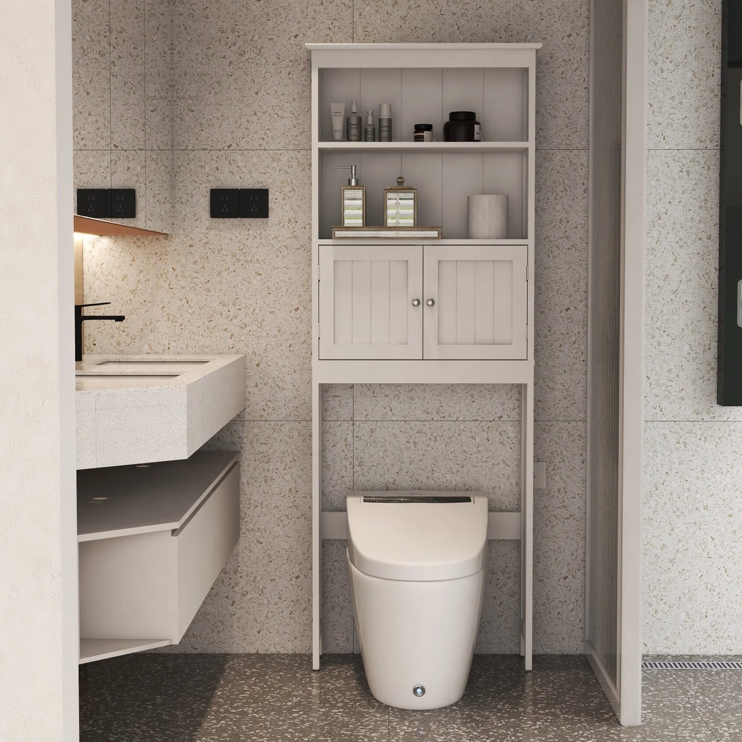 Over The Toilet Storage Cabinet, Over Toilet Bathroom Organizer with Storage Shelf & 2 Open Cabinet, 3-Tiers Bathroom Over Toilet Storage, Over The Toilet Storage Shelf for Bathroom, Laundry, White