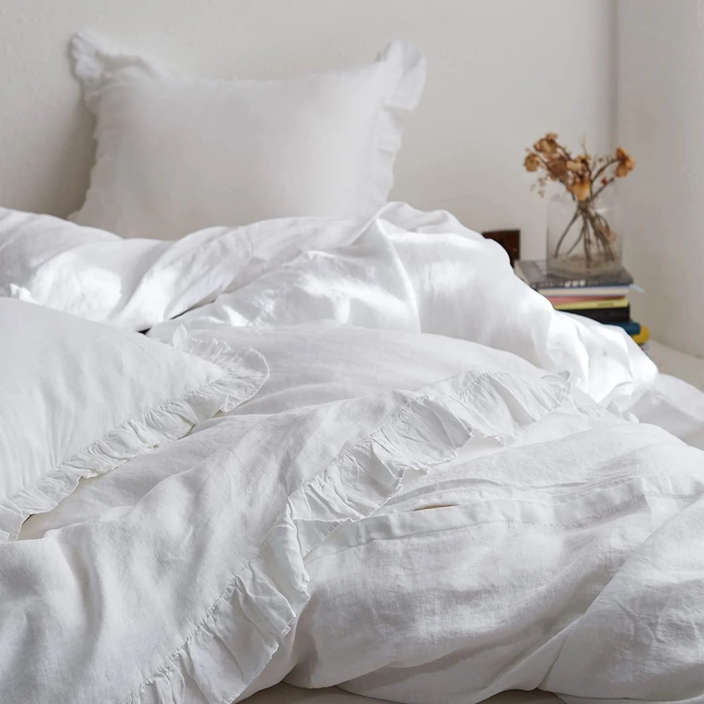 Simple& Opulence 100% Washed Linen Duvet Cover Set-3 Pieces Shabby Chic Premium Ruffled Bedding with 1 Comforter Cover and 2 Pillowshams France Flax High End Frill Sets Vintage Style(King, White)