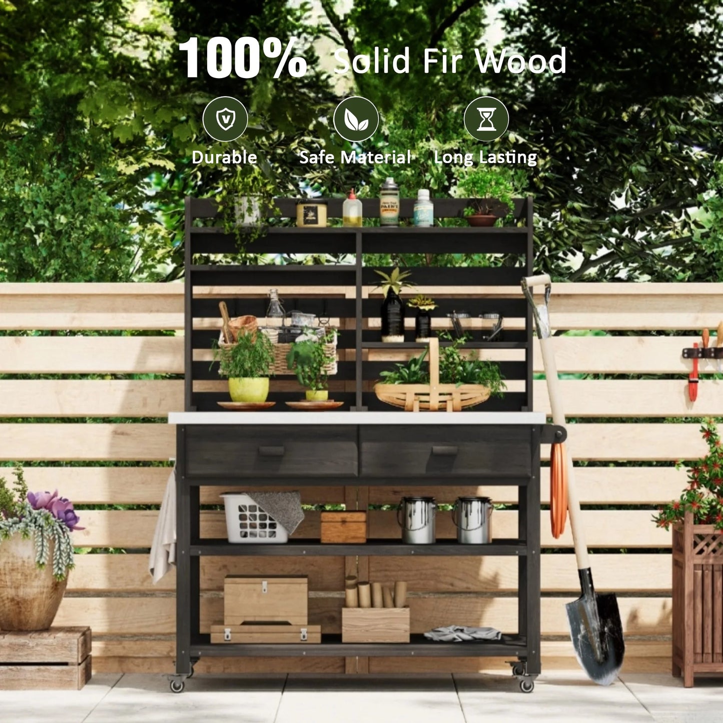 Euroco 64.9"H Outdoor Potting Bench Table with Lockable Wheels, Solid Wood Outdoor Kitchen Island with Upper Hutch, Stainless Steel Top, Towel Rack ,Outdoor Storage for Grilling, Lawn Garden -Black