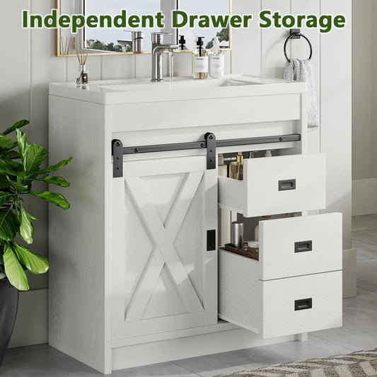DreamCurship 32" Bathroom Vanity with Sink Combo, White Bathroom Storage Cabinet with Drawers, Farmhouse Bathroom Vanity Cabinet with Sliding Barn Doors, White