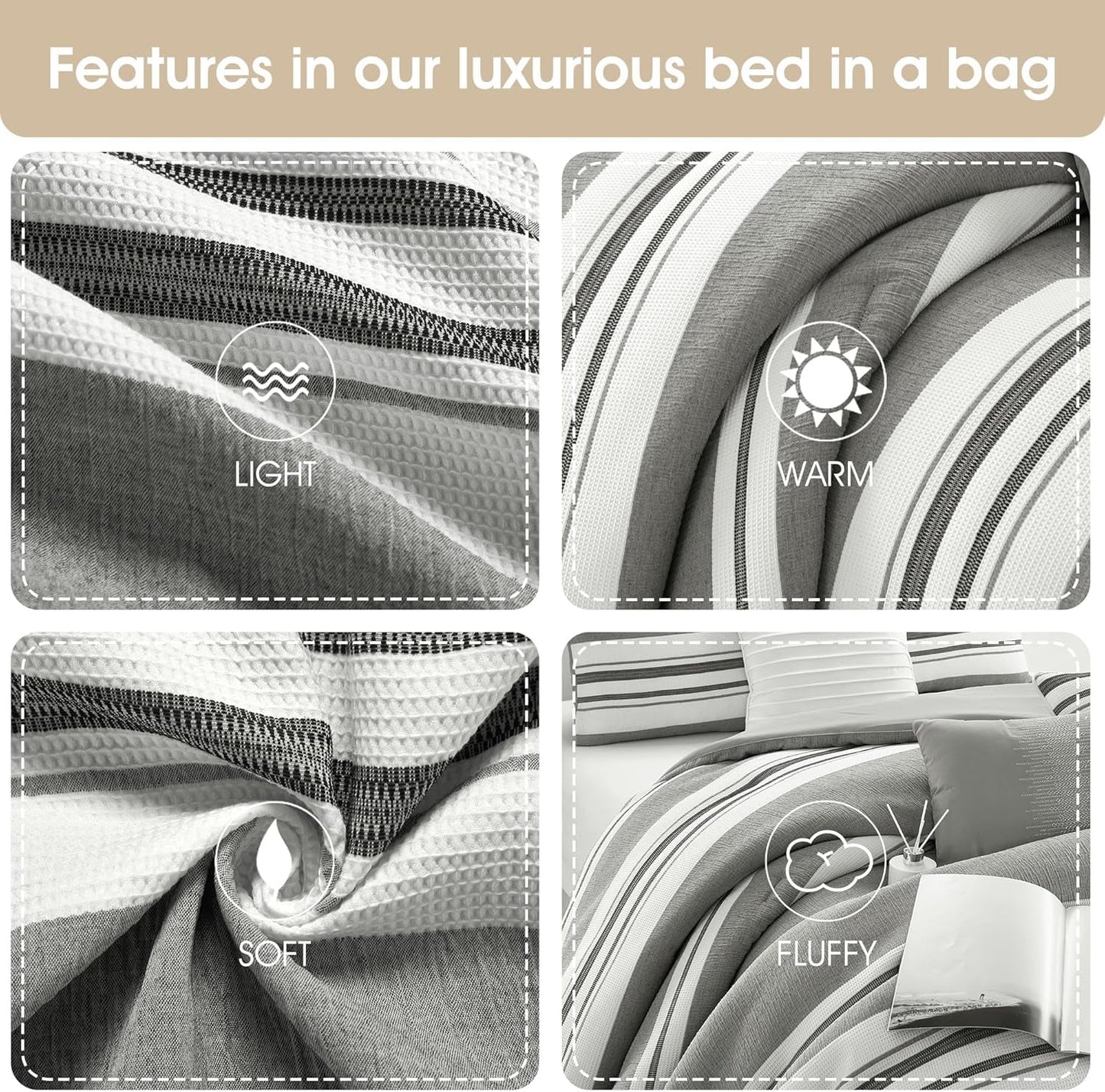 Grand Avenue White Grey Comforter Set California King Size, 7 Piece Geometric Jacquard Bedding Set, Matching Bedskirt, Pillows & Shams, Curtains