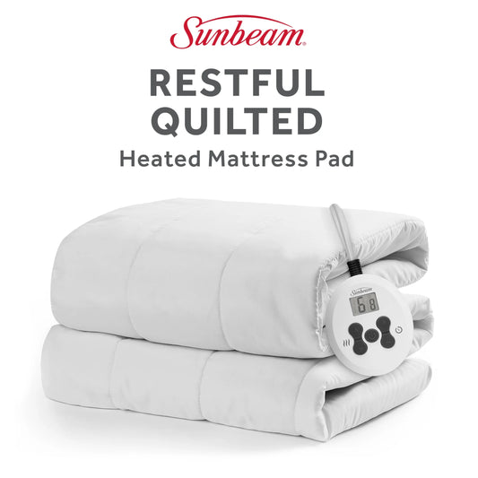 Sunbeam Restful Quilted Electric Heated King Size Mattress Pad, 76" x 80", 12 Heat Settings, 12-Hour Selectable Auto-Off, Machine Washable