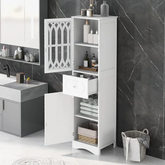Royard Oaktree Tall Bathroom Cabinet with Drawer and Doors Freestanding Storage Cabinet with Hutch Modern Narrow Kitchen Pantry Sideboard Cabinets for Living Room Bedroom Office, White