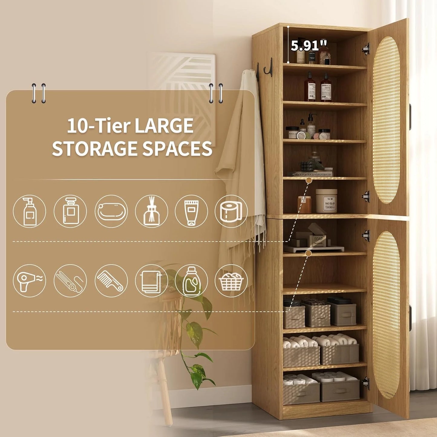 66-Inch Bathroom Storage Cabinet with Rattan Doors, Bath Room Organizer Floor Cabinets Brown
