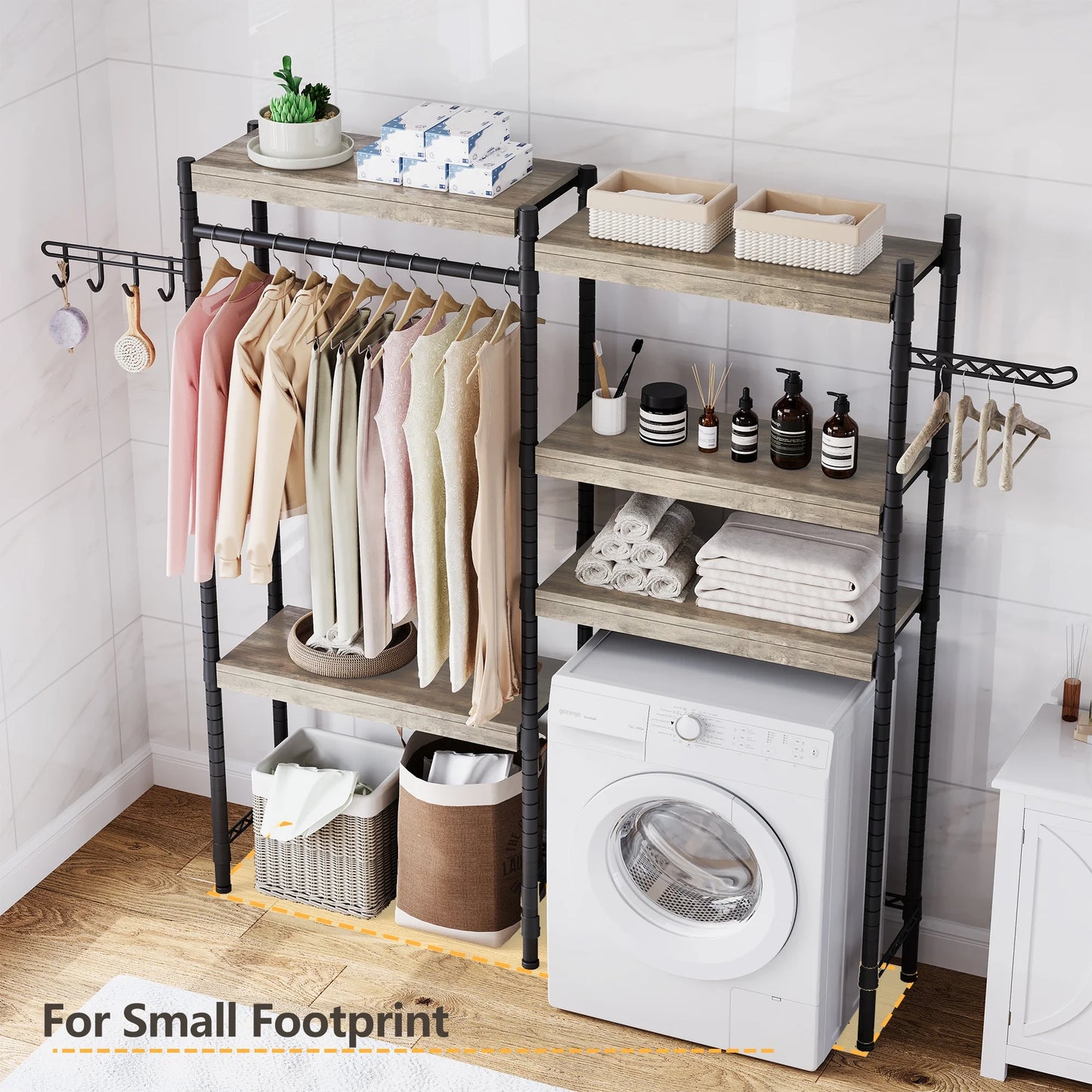 5 Tier Wood Over The Washer and Dryer Storage Shelf, Adjustable Height Laundry Drying Clothes Racks Bathroom Shelf