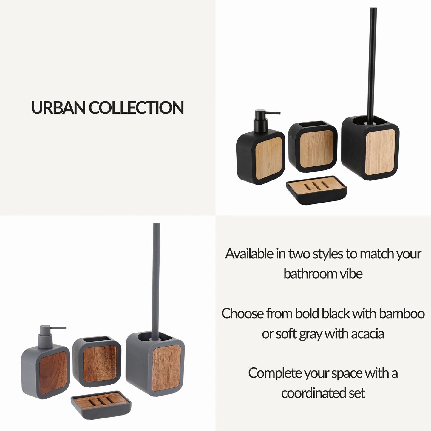 4-Piece Bathroom Accessory Set Gray Rubber and Acacia