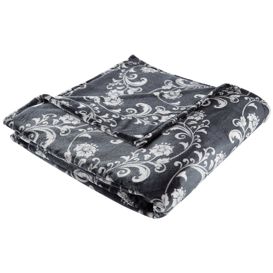 SoftLux Printed Luxury Velvet Plush Fleece Blanket, Full/Queen, 90" x90", Grey Floral Scroll