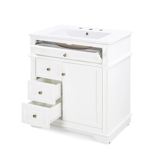 GDF Studio 30" Modern Bathroom Vanity with Sink Combo Set, 3 Drawers and A Tip-out Drawer, Door Shelf, White