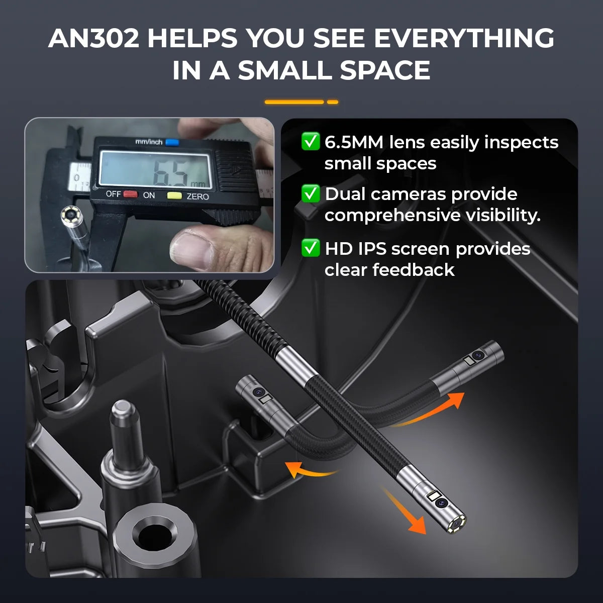 ANCEL AN302 2-Way Articulating Borescope Camera with Light, 0.24in Articulated Probe of 5.25FT Industrial Endoscope Inspection Camera Scope