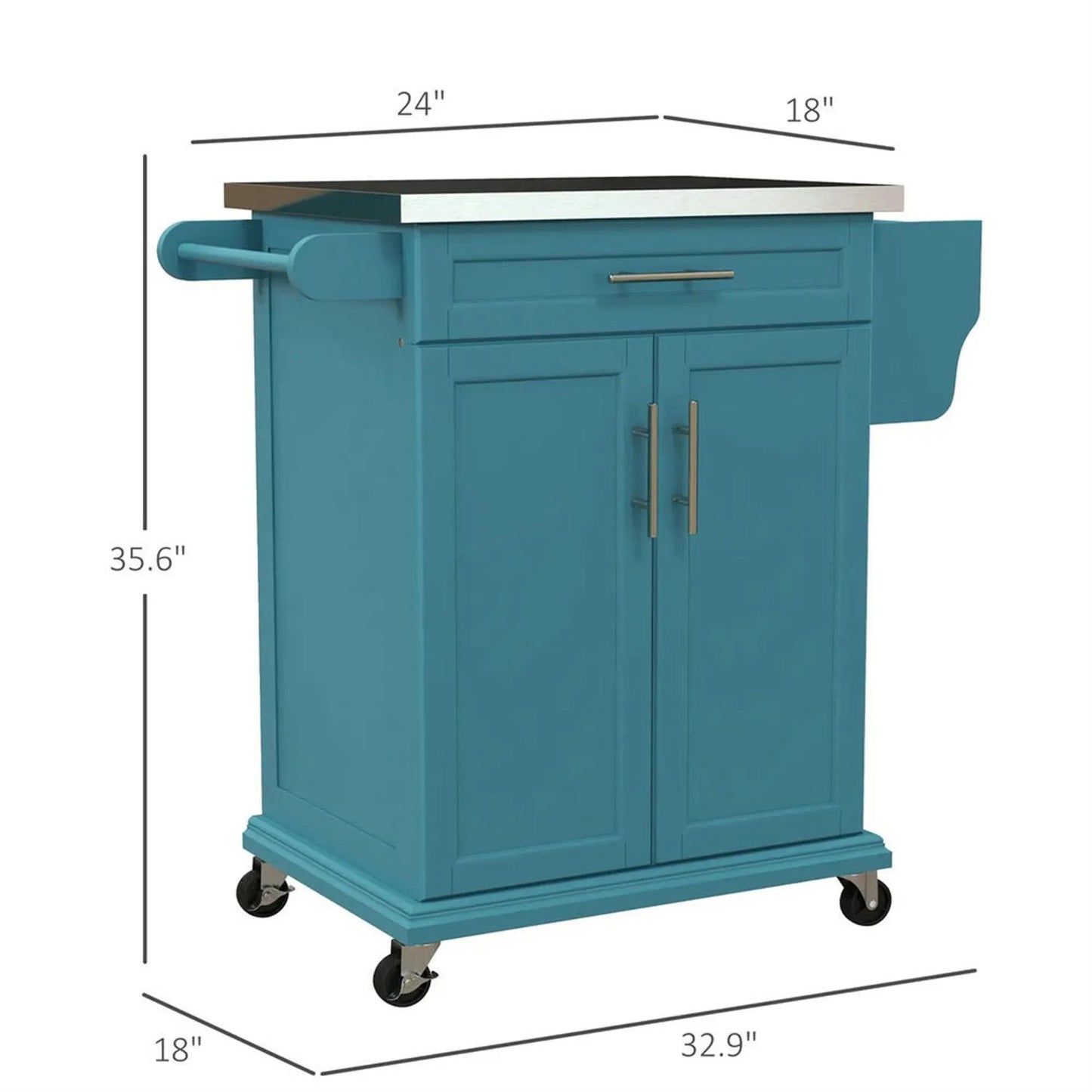 Finihen 35" Kitchen Island Cart on Wheels with Stainless Steel Top, Rolling Dining Room Serving Utility Carts Mobile Movable with Towel Rack, Blue