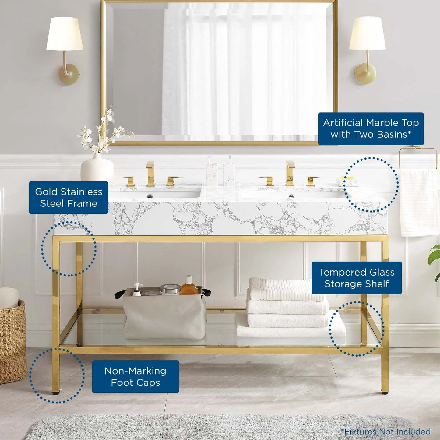 Modway Kingsley 60" Gold Stainless Steel Bathroom Vanity in Gold White