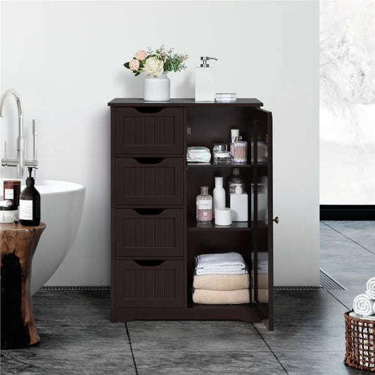 Alden Design Wooden Bathroom Storage Cabinet with 4 Drawers & Cupboard, Espresso