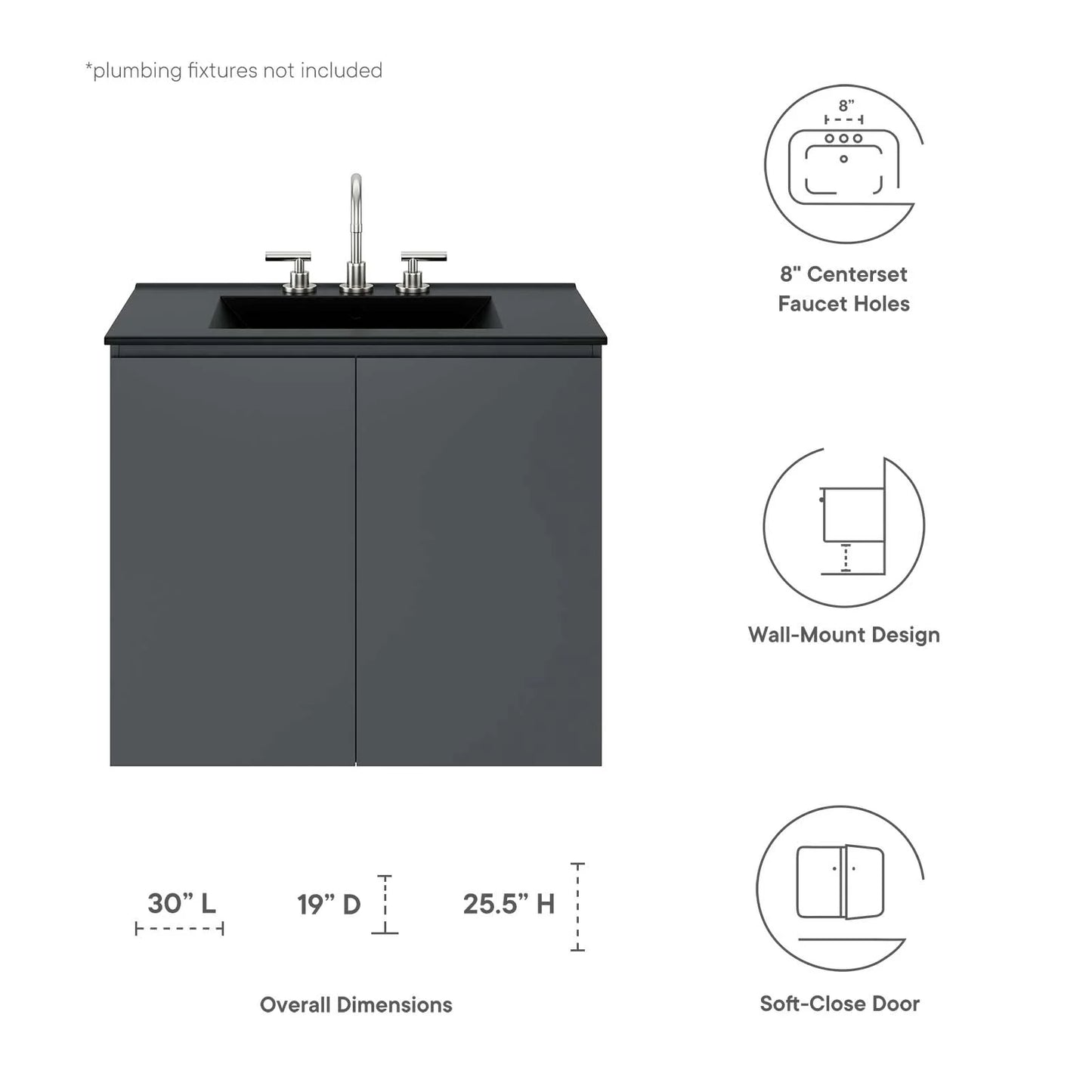 Sink Vanity Cabinet, Wall Mount, Grey Gray Black, Ceramic, Melamine, Modern Contemporary, Hotel Bedroom Bathroom Master Suite Guest