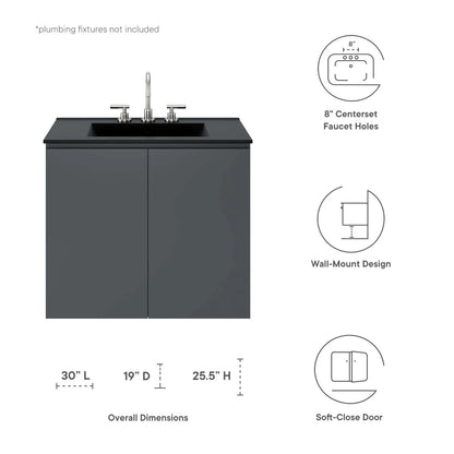 Sink Vanity Cabinet, Wall Mount, Grey Gray Black, Ceramic, Melamine, Modern Contemporary, Hotel Bedroom Bathroom Master Suite Guest