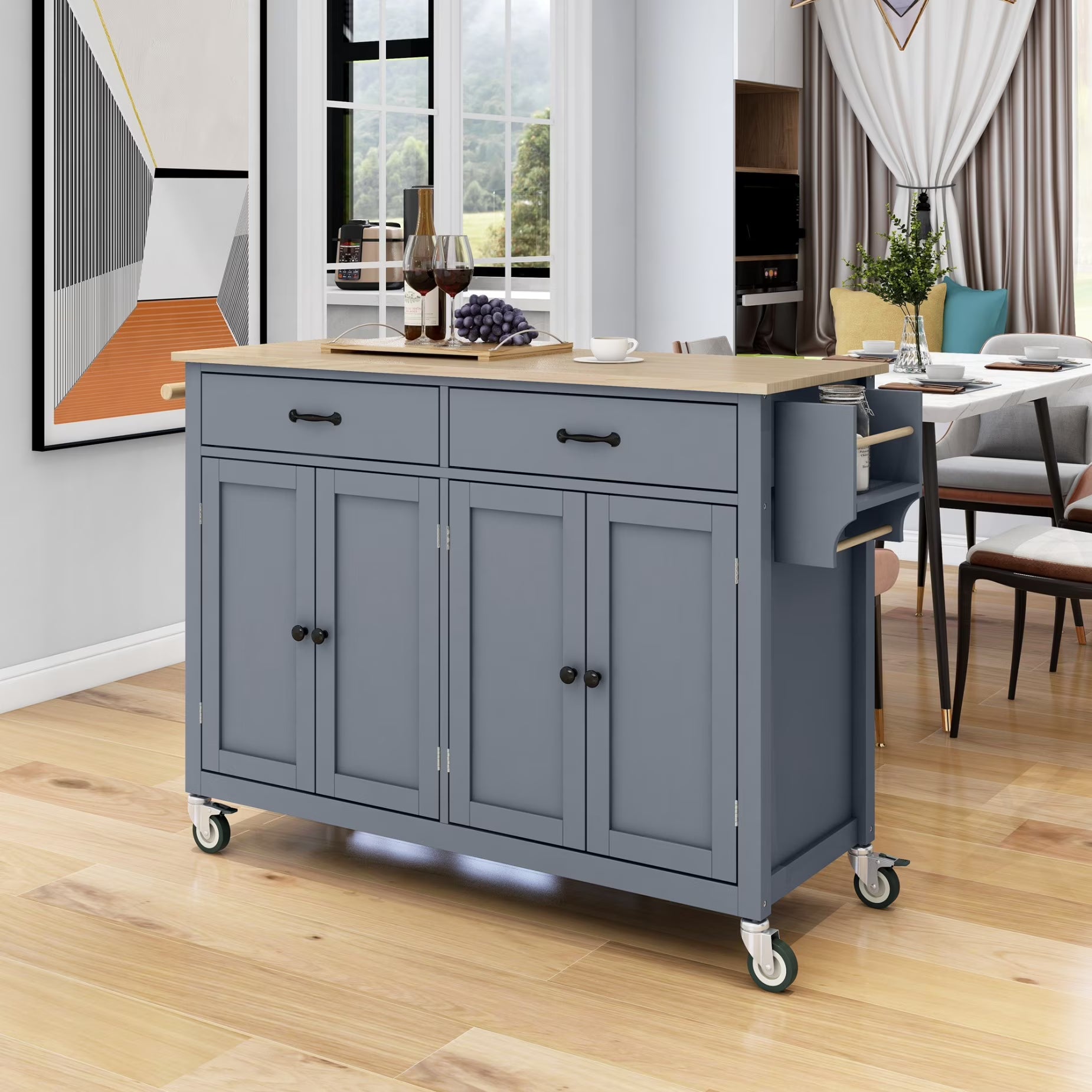 54.3" Kitchen Island Cart, Modern Solid Wood Storage Cabinet with Locking Wheels, 4 Door, Spice Rack, Towel Rack and Two Drawers, Rolling Mobile Kitchen Island Table, Blue