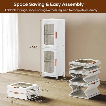 Slim Kitchen Pantry Storage Cabinet with Doors and Shelves, 3-Tiers Plastic Narrow Storage Organizer Collapsible for Small Spaces, Bathroom, Living Room, Bedroom, White