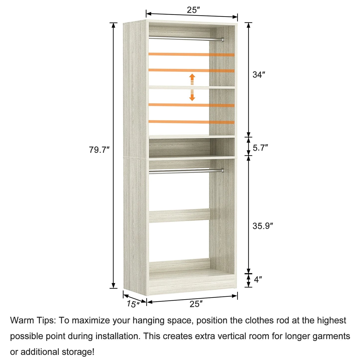 Homieasy 25°?Closet System, Freestanding Closet Organizer Wardrobe with Hanging Rods and Shelves, Adjustable Clothes Garment Rack, Sturdy Walk in Closet Tower, White