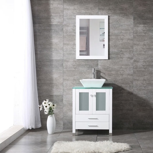Wonline 24" Bathroom Vanity Cabinet Ceramic Sink Faucet Drain Combo w/Mirror Set White