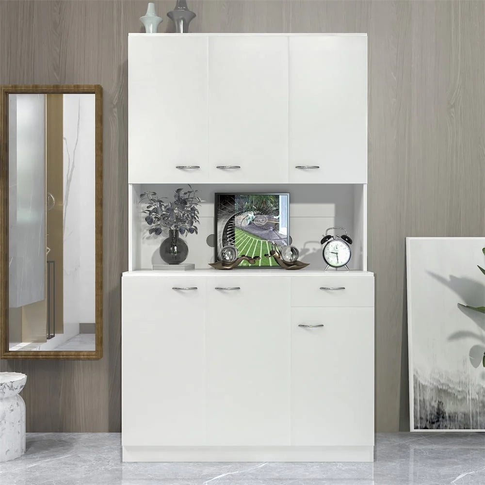 70.87" Tall Wardrobe & Kitchen Cabinet, Freestanding Storage Cabinet with 6 Doors, 1 Open Shelves and 1 Drawer, Kitchen Pantry Cabinet Buffet Sideboard Cabinet with 2 Cable Holes for Bedroom, White