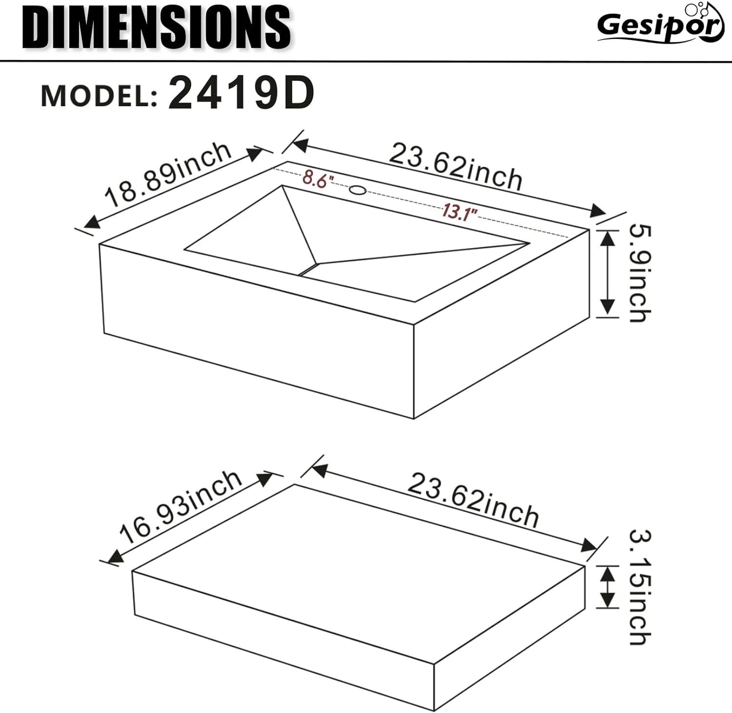 GGISHA 24"x19" Wall-Mount Stone Resin Bathroom Sink Rectangular Vessel Sinks for Bathroom Floating Vanity Sink Trough Modern Art Basin with Shelf Layer