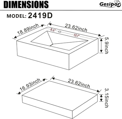 GGISHA 24"x19" Wall-Mount Stone Resin Bathroom Sink Rectangular Vessel Sinks for Bathroom Floating Vanity Sink Trough Modern Art Basin with Shelf Layer