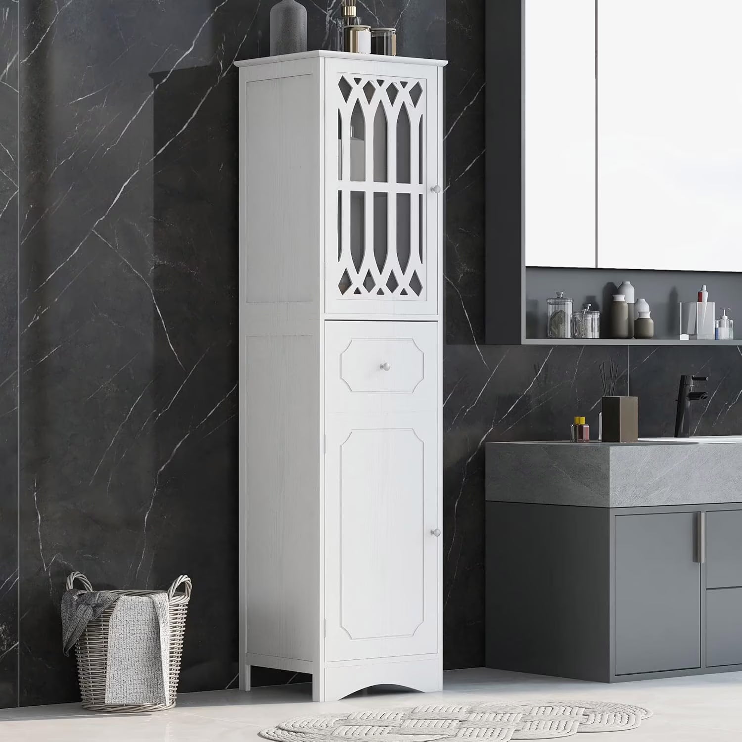 Royard Oaktree Tall Bathroom Cabinet with Drawer and Doors Freestanding Storage Cabinet with Hutch Modern Narrow Kitchen Pantry Sideboard Cabinets for Living Room Bedroom Office, White