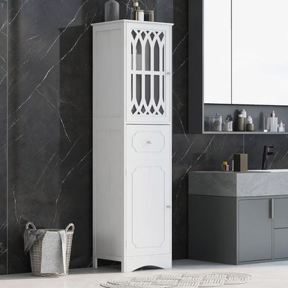Royard Oaktree Tall Bathroom Cabinet with Drawer and Doors Freestanding Storage Cabinet with Hutch Modern Narrow Kitchen Pantry Sideboard Cabinets for Living Room Bedroom Office, White