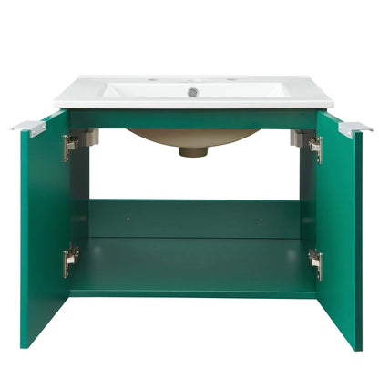 Sink Vanity Cabinet, Wall Mounted, Melamine, Green White, Modern Contemporary Urban Design, Hotel Bedroom Bathroom Master Suite Guest