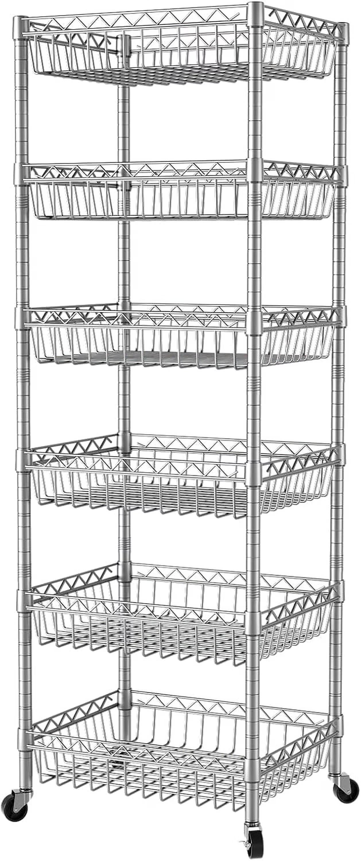 6 Tier Wire Shelving Unit with Wheels Baskets Storage Rack Corner Shelves Adjustable Shelf Closet Bathroom Organizers Metal Pantry Kitchen Garage Laundry Room 13.5" D x 13.5" W x 63" H White