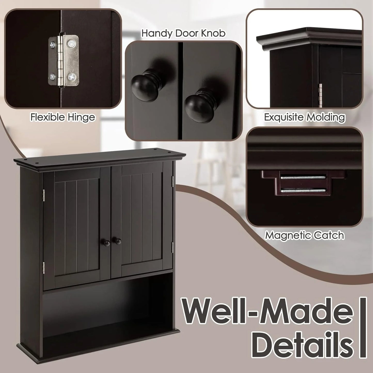 NALYL Wall Mount Bathroom Cabinet Wooden Medicine Cabinet Storage Organizer with 2-Doors and 1-Shelf Cottage Collection Wall Cabinet (Espresso)