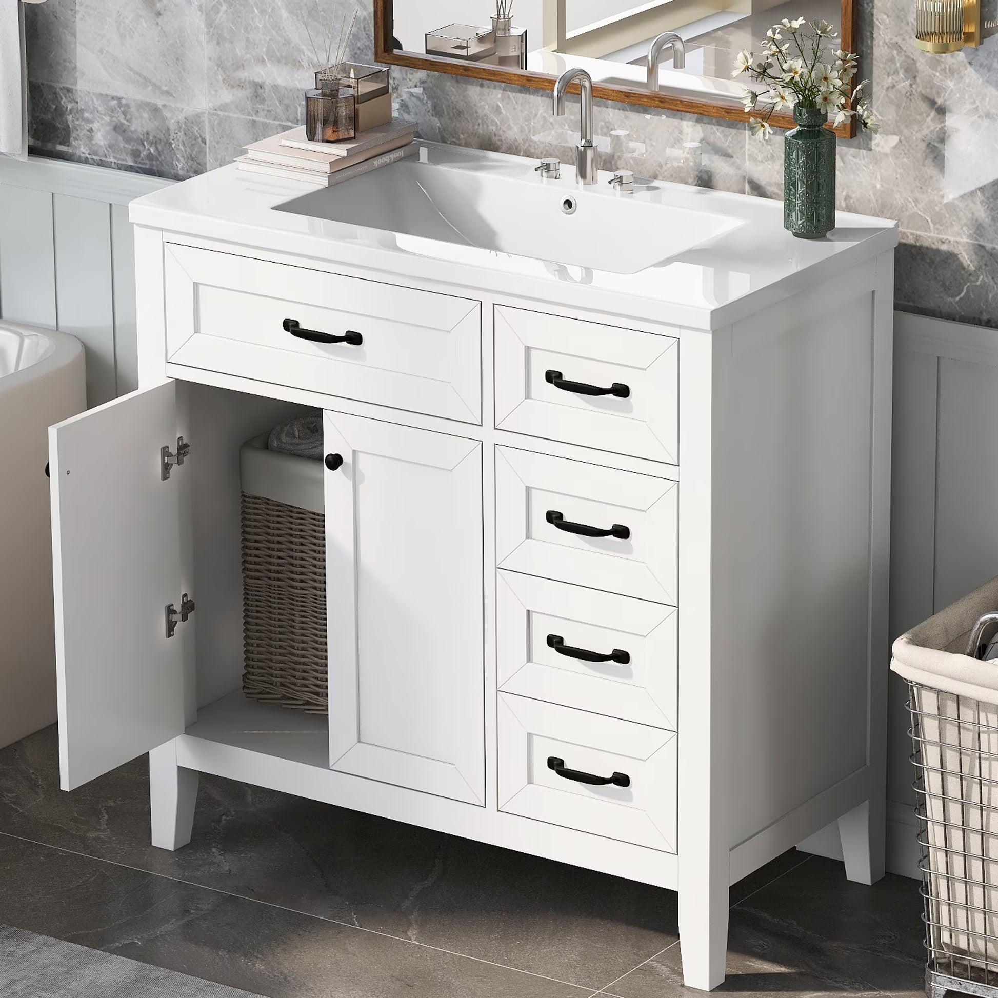 Euroco 36" Bathroom Vanity with Sink,Drawers, Solid Frame and MDF Board