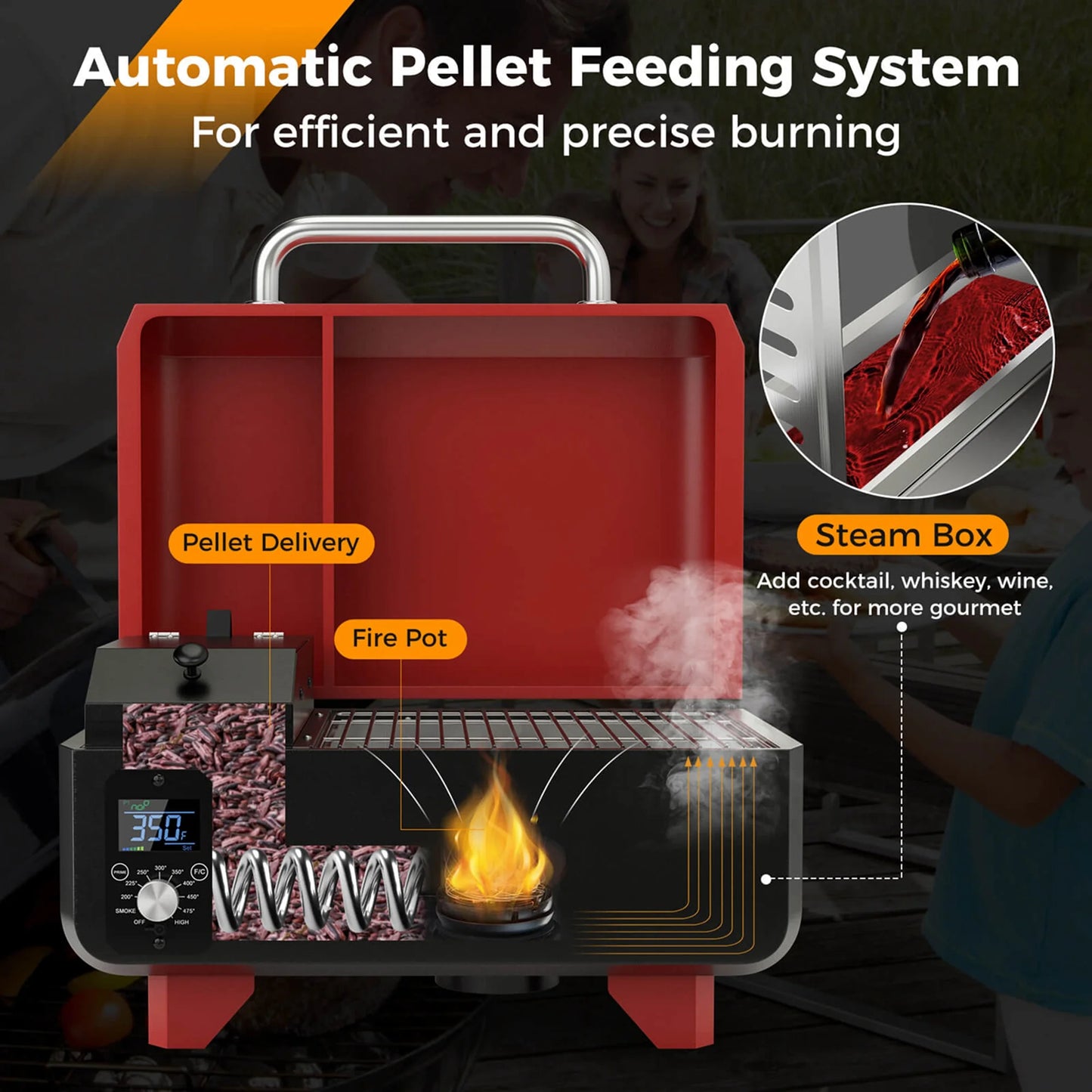 Costway 8-in-1 Portable Pellet Grill with Digital Control Meat Probe Detachable Ash Pan Red