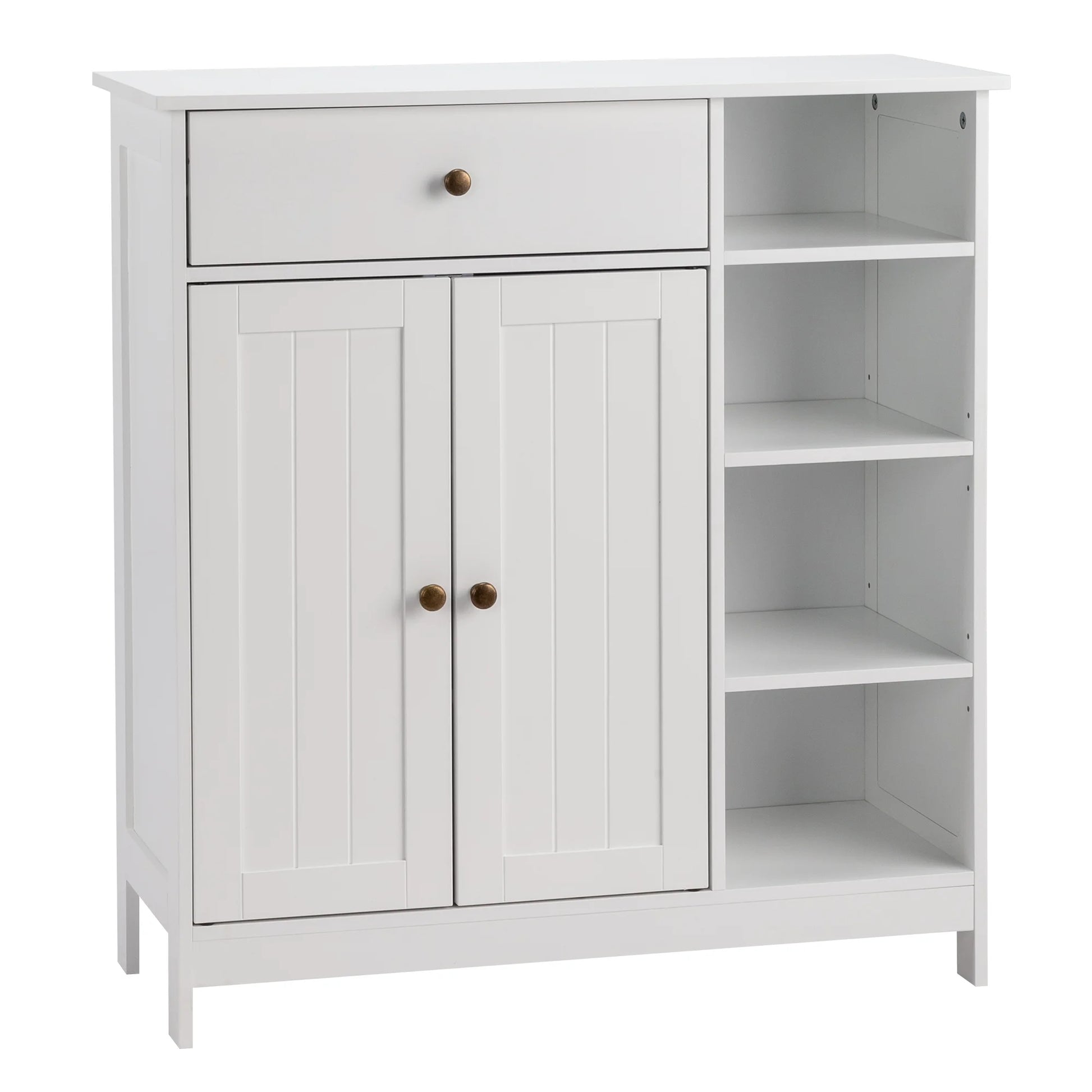 Zimtown Wooden 2-Door Bathroom Cabinet Storage Organizer with 2 Shelves& 1 Drawer & Three-layer Side Rack, White