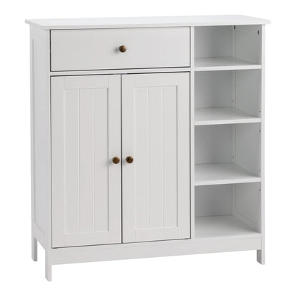 Zimtown Wooden 2-Door Bathroom Cabinet Storage Organizer with 2 Shelves& 1 Drawer & Three-layer Side Rack, White