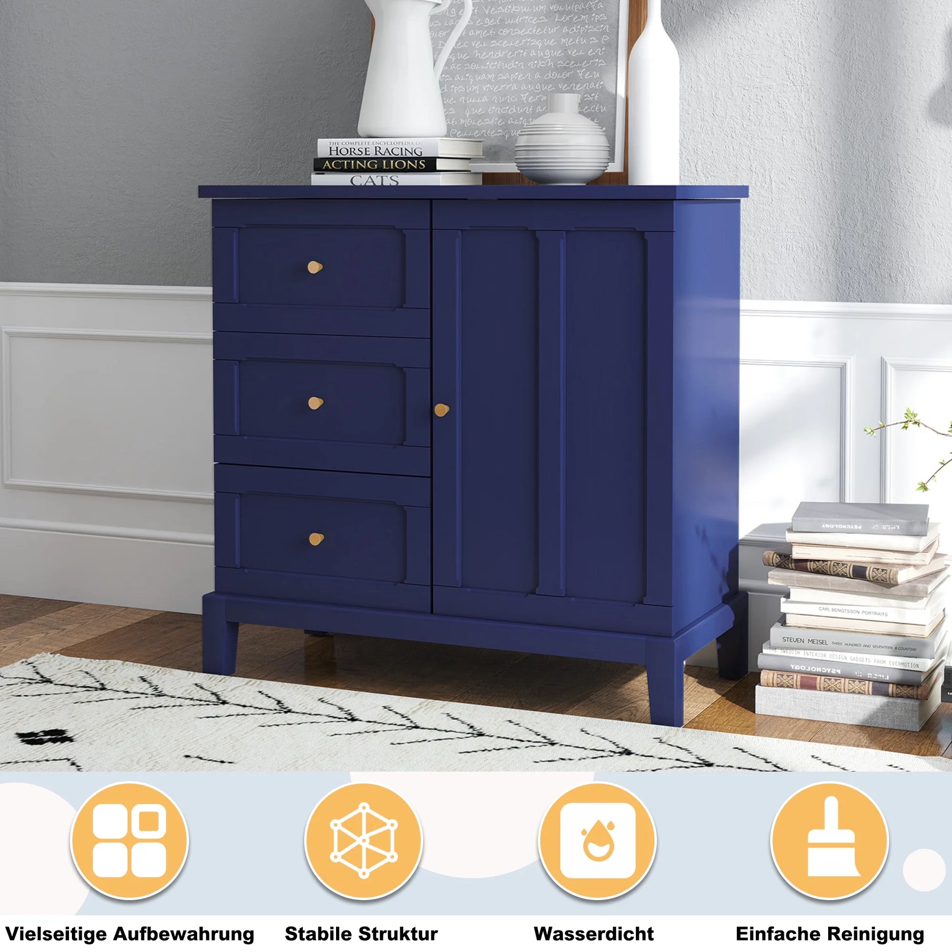CBJCBJ 31.7"Storage Cabinet, Classical 3 Drawers & 1 Door Design with Gold-Tone Handles, Multi-Use Organizer for Living Room, Kitchen, BathroomBLUE)