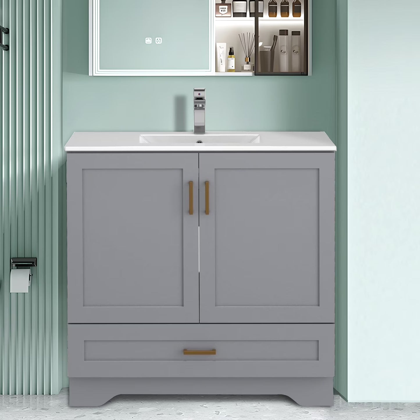 24" Bathroom Vanity with Ceramic Undermount Sink - Freestanding 2-Door & 1-Drawer Storage Cabinet, White