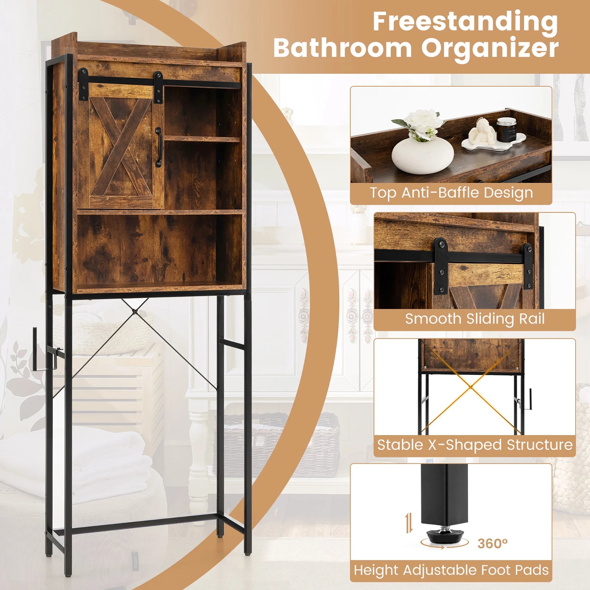 Gymax Over-The-Toilet Storage Cabinet Freestanding 4-Tier Bathroom Organizer Rack w/Adjustable Shelf Rustic Brown