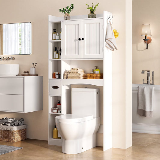 Over the Toilet Storage Cabinet , Bathroom Cabinet with 6 Open Shelves & Waterproof Tissue Holder - Upgraded White