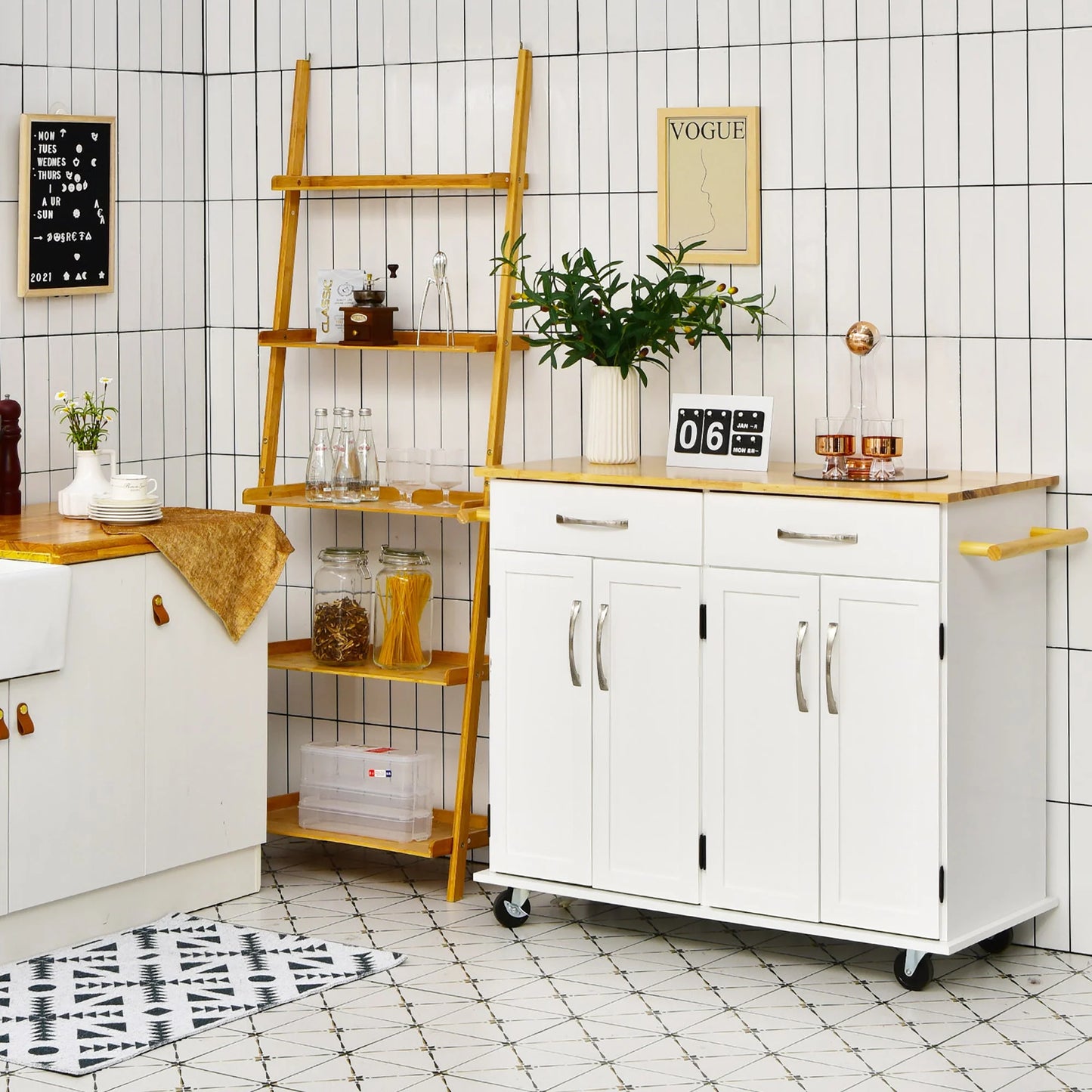 Costway 4-Door Rolling Kitchen Island Cart Buffet Cabinet w/Towel Racks Drawers White