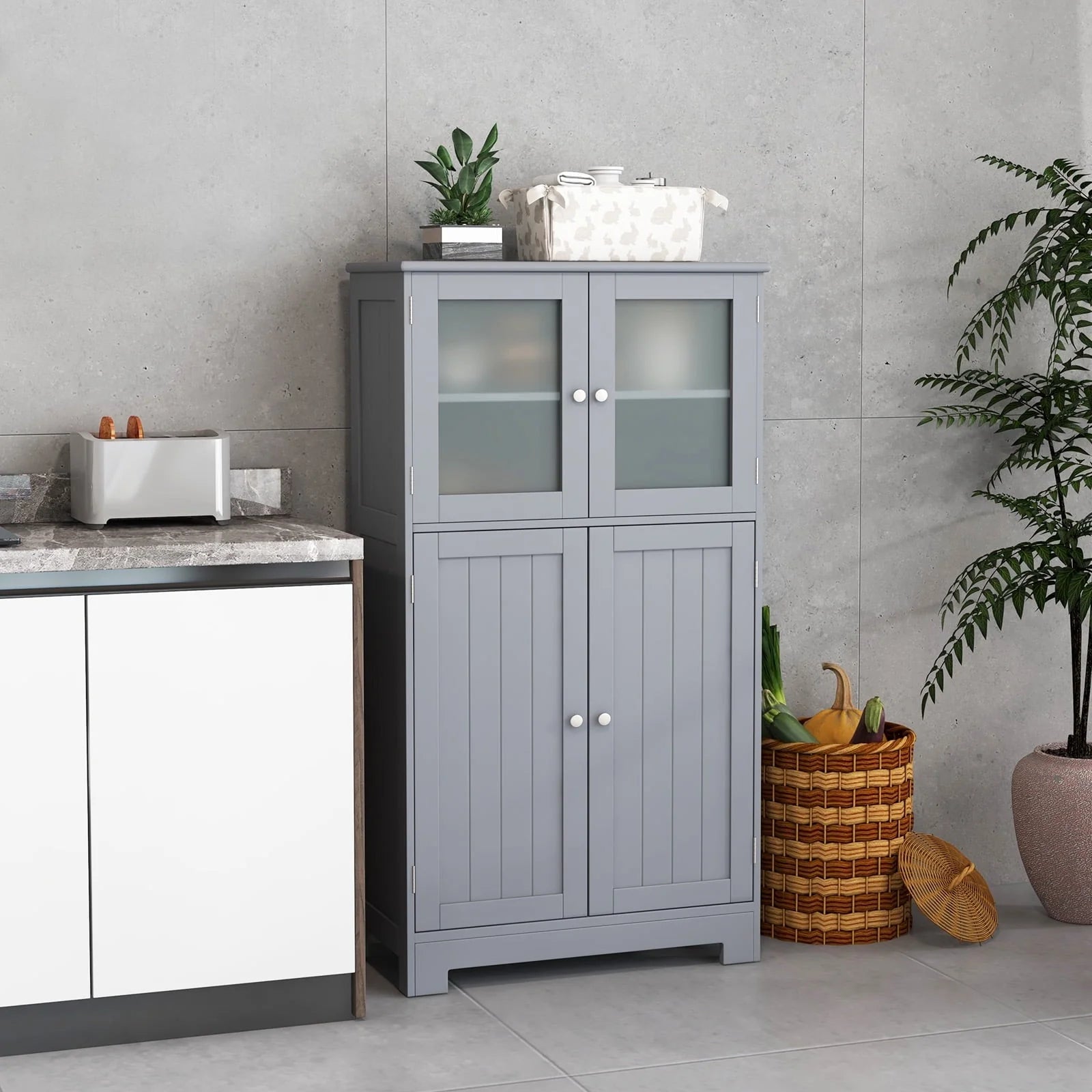 Topbuy Bathroom Storage Cabinet Freestanding Storage Cabinet w/4 Doors Wooden Kitchen Cupboard w/Adjustable Shelf